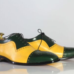 Handmade Men's Green Yellow Leather Cap Toe  Shoe - leathersguru