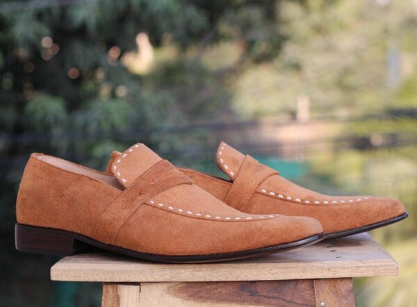 Bespoke Tan Penny Suede Loafer For Men's - leathersguru