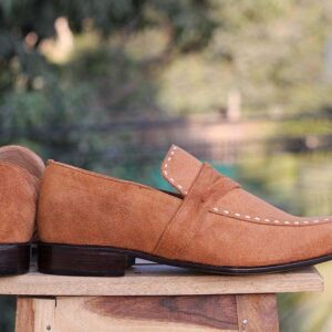 Men's Tan Penny Loafers Suede Men's Shoe - leathersguru