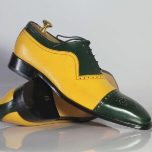 Handmade Men's Green Yellow Leather Cap Toe  Shoe - leathersguru