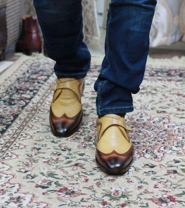 Handmade Tan Brown Leather Wingtip Monk Shoes - leathersguru
