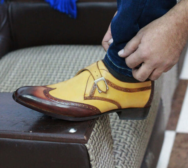 Bespoke Two Tan Leather Monk Strap Wing Tip Shoes for Men's - leathersguru