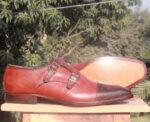 Handmade Burgundy Brown Cap Toe Monk Leather Shoe - leathersguru