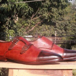 Handmade Burgundy Brown Cap Toe Monk Leather Shoe - leathersguru