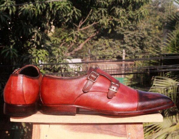 Handmade Burgundy Brown Cap Toe Monk Leather Shoe - leathersguru