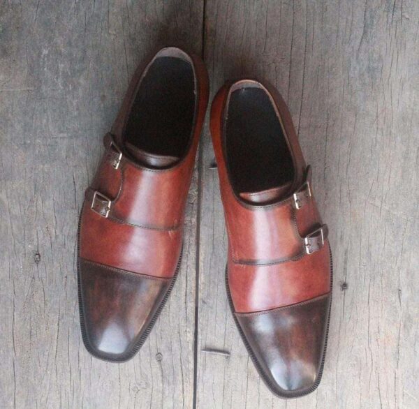 Handmade Burgundy Brown Cap Toe Monk Leather Shoe - leathersguru