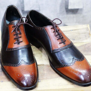 Bespoke Brown & Tan Leather Wing Tip Lace up Shoe for Men - leathersguru