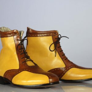 Bespoke Yellow & Brown Ankle Lace Up Boot for Men's - leathersguru