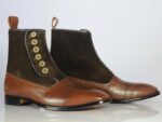 Bespoke Brown Leather Suede Button Top Ankle Cap Toe Boot - leathersguru