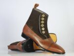 Bespoke Brown Leather Suede Button Top Ankle Cap Toe Boot - leathersguru