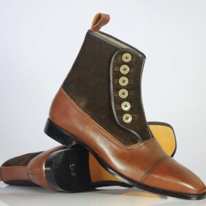 Bespoke Brown Leather Suede Button Top Ankle Cap Toe Boot - leathersguru