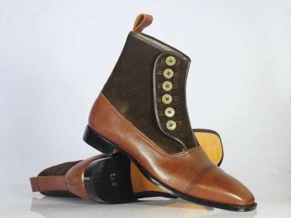 Bespoke Brown Leather Suede Button Top Ankle Cap Toe Boot - leathersguru