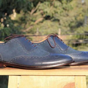 Handmade Navy Blue Leather Suede Wing tip Shoes - leathersguru
