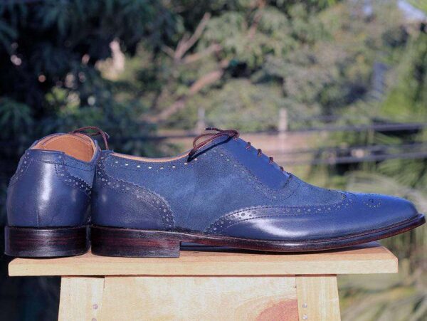 Handmade Navy Blue Leather Suede Wing tip Shoes - leathersguru