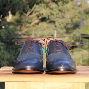 Handmade Navy Blue Leather Suede Wing tip Shoes - leathersguru