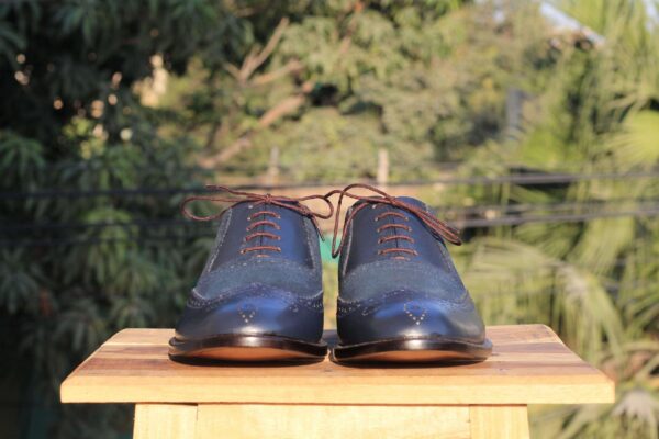 Handmade Navy Blue Leather Suede Wing tip Shoes - leathersguru