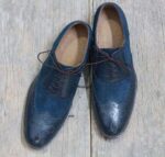Handmade Navy Blue Leather Suede Wing tip Shoes - leathersguru