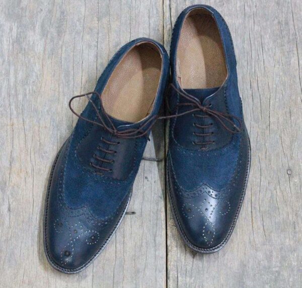 Handmade Navy Blue Leather Suede Wing tip Shoes - leathersguru