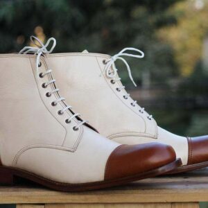 Men's Cream Brown Cap Toe Ankle Boots - leathersguru