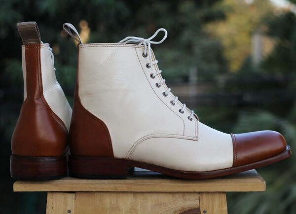 Bespoke White and Brown Leather High Ankle Lace Up Boots - leathersguru