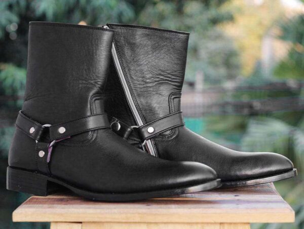 Handmade Black Ankle high Buckle Madrid Strap Boots - leathersguru