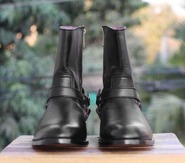 Handmade Black Ankle high Buckle Madrid Strap Boots - leathersguru