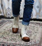 Men's Cream Brown Cap Toe Ankle Boots - leathersguru