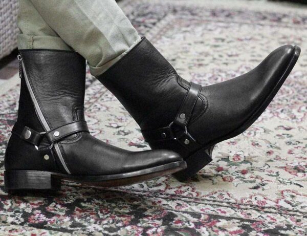 Handmade Black Ankle high Buckle Madrid Strap Boots - leathersguru