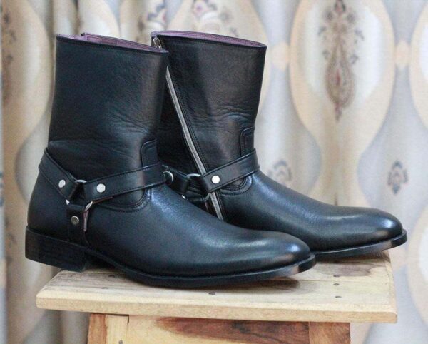 Handmade Black Ankle high Buckle Madrid Strap Boots - leathersguru