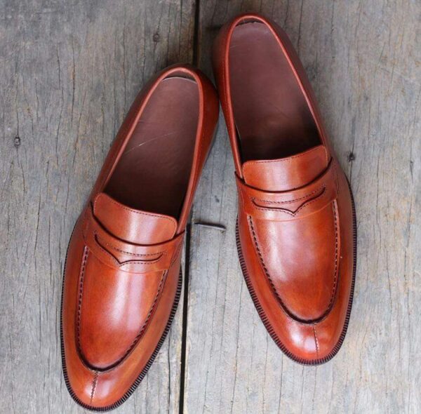 Men's Tan Split Toe Leather Penny Loafers Shoes - leathersguru