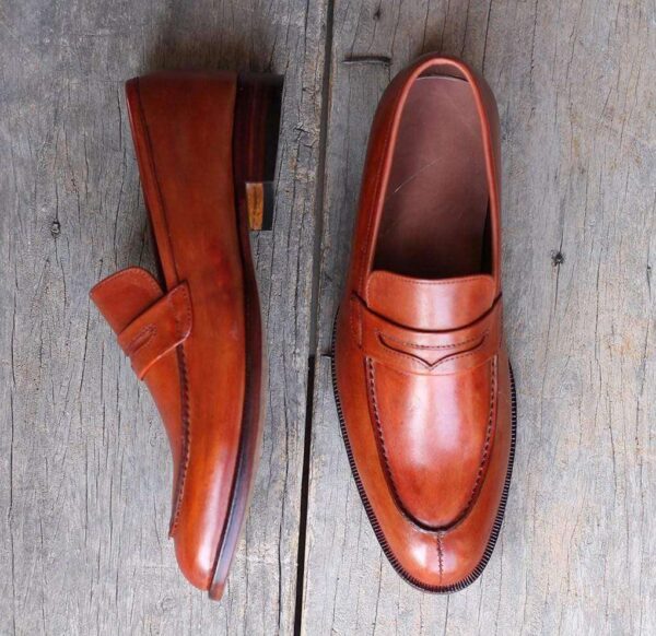 Men's Tan Split Toe Leather Penny Loafers Shoes - leathersguru