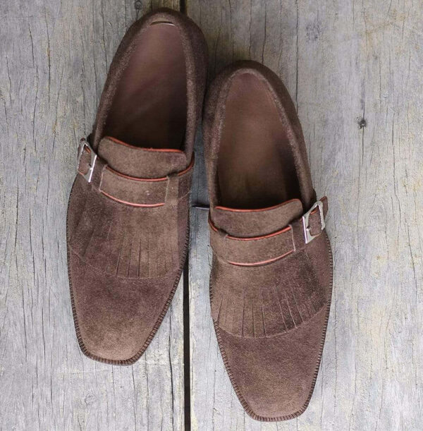 Handmade Brown Monk Fringe Suede Shoe - leathersguru