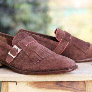 Handmade Brown Monk Fringe Suede Shoe - leathersguru