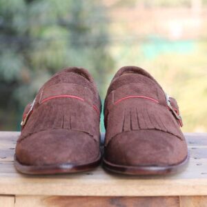 Handmade Brown Monk Fringe Suede Shoe - leathersguru