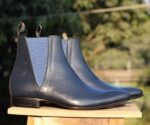 Handmade Navy Blue Leather Chelsea Ankle Boots - leathersguru