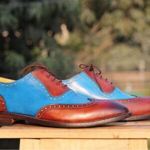 Handmade Brown Blue Wing Tip Lace Up Leather Shoe - leathersguru