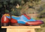 Bespoke Sky Blue&Tan Leather Wing Tip Lace Up Shoes for Men's - leathersguru