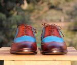 Handmade Brown Blue Wing Tip Lace Up Leather Shoe - leathersguru