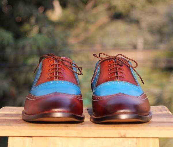 Handmade Brown Blue Wing Tip Lace Up Leather Shoe - leathersguru