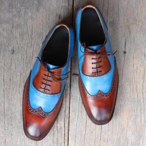 Bespoke Sky Blue&Tan Leather Wing Tip Lace Up Shoes for Men's - leathersguru