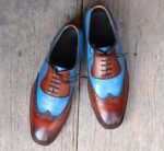Handmade Brown Blue Wing Tip Lace Up Leather Shoe - leathersguru