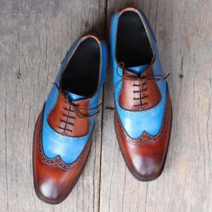 Handmade Brown Blue Wing Tip Lace Up Leather Shoe - leathersguru