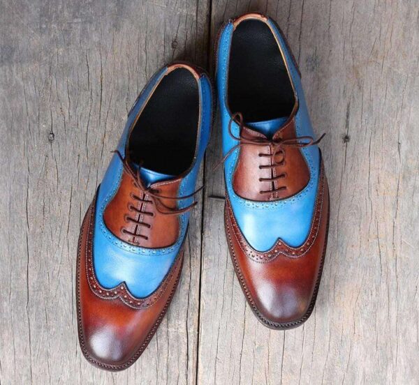 Handmade Brown Blue Wing Tip Lace Up Leather Shoe - leathersguru