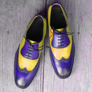 Bespoke Yellow & Blue Leather Wing Tip Lace Up Shoes for Men's - leathersguru