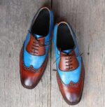 Handmade Brown Blue Wing Tip Lace Up Leather Shoe - leathersguru