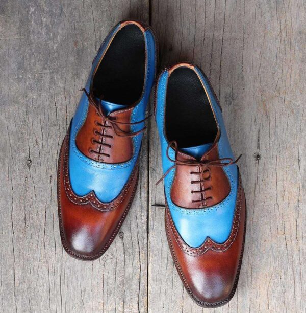 Handmade Brown Blue Wing Tip Lace Up Leather Shoe - leathersguru