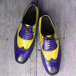 Bespoke Yellow & Blue Leather Wing Tip Lace Up Shoes for Men's - leathersguru