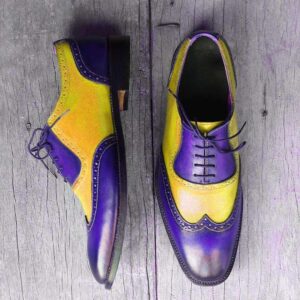 Handmade Blue Yellow Wing Tip Lace Up Leather Shoe - leathersguru