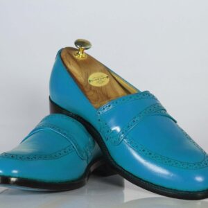 Bespoke Sky Blue Leather Penny Loafer for Men's - leathersguru