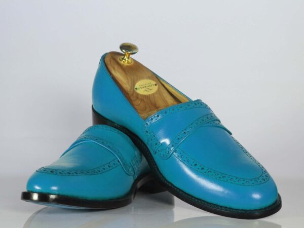 Bespoke Sky Blue Leather Penny Loafer for Men's - leathersguru